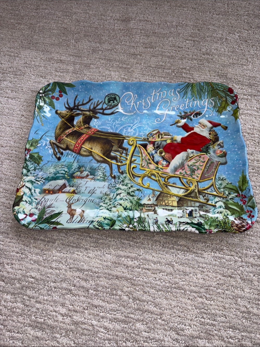 Michel Design Works Christmas Joy Santa Sleigh & Reindeer Melamine Cookie Tray